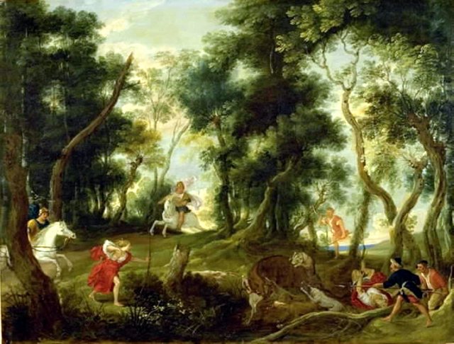 Landskab med Atalantes og Meleagers jagt på det kalydoniske vildsvin by Willem van Herp