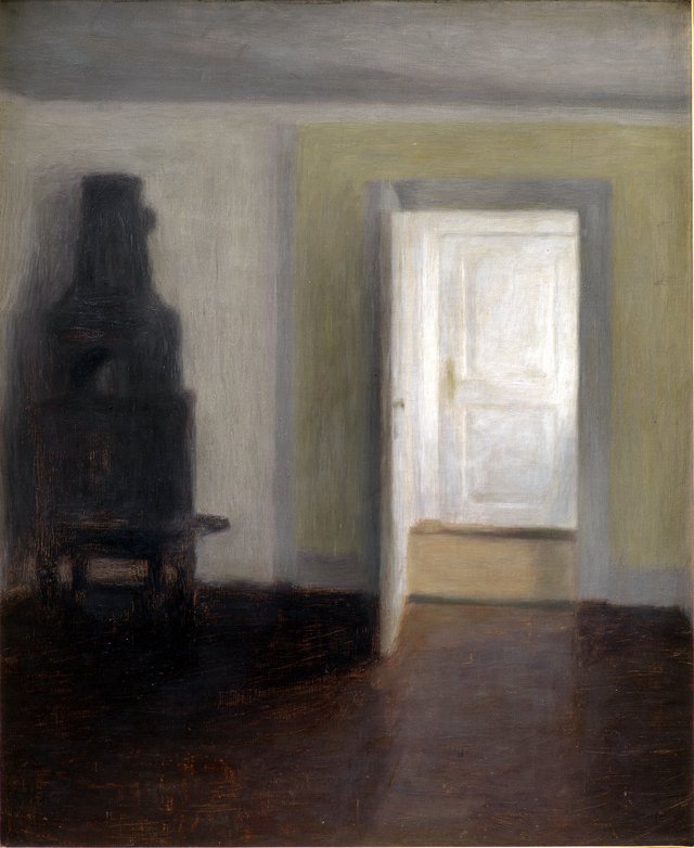 Interiør. Den gamle bilæggerovn. Albertines Lyst, Lyngby by Vilhelm Hammershøi