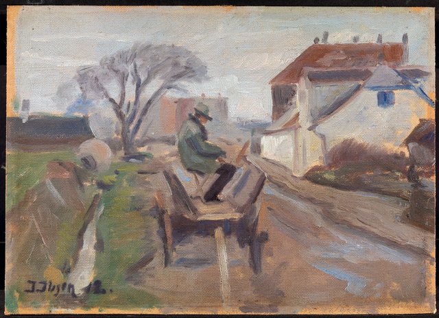Maleren Ølund-Hansen maler siddende i en vogn by Immanuel Ibsen
