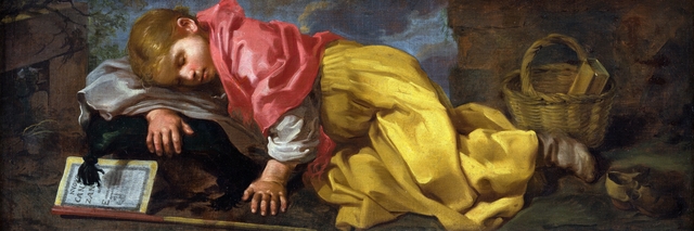 Sovende pige (dreng?) med sangbog by Bernhard Keil
