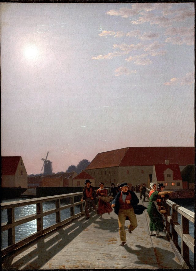 Langebro i måneskin med løbende figurer by Christoffer Wilhelm Eckersberg