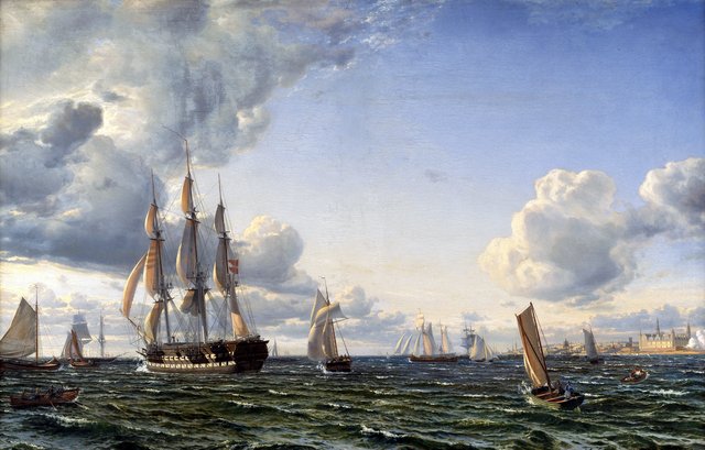 Linieskibet "Valdemar" krydser Sundet ind for en frisk bramsejlskuling by Emanuel Larsen