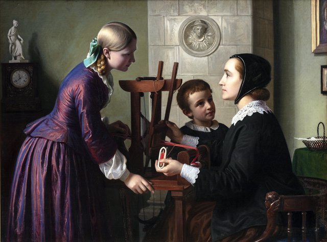 En husmoder ved sin båndvæv taler med to børn by Constantin Hansen
