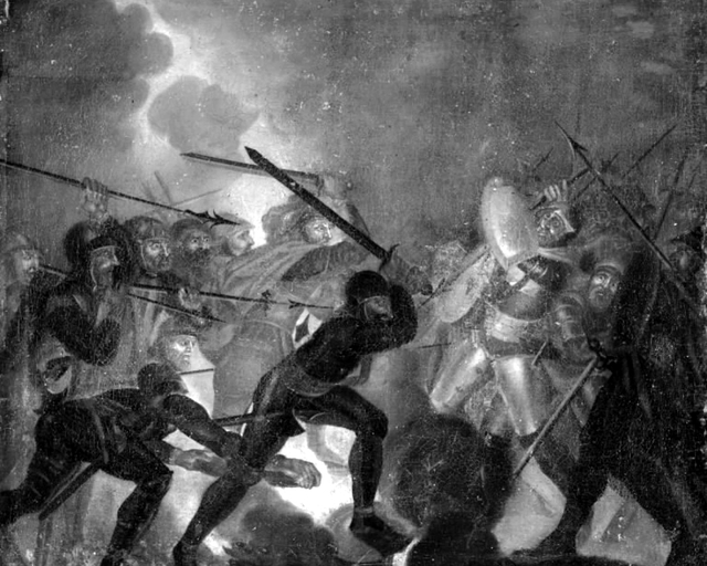 Rolf Krake og hans mænd springer over ilden by Eric Paulsen