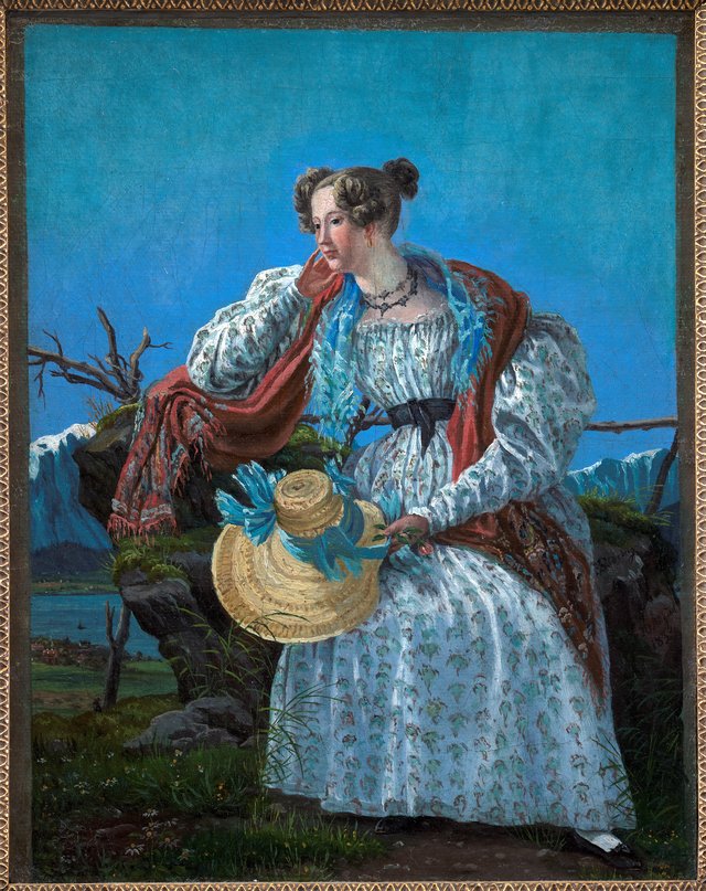 Ung kvinde siddende i et norsk landskab by Frederik Sødring