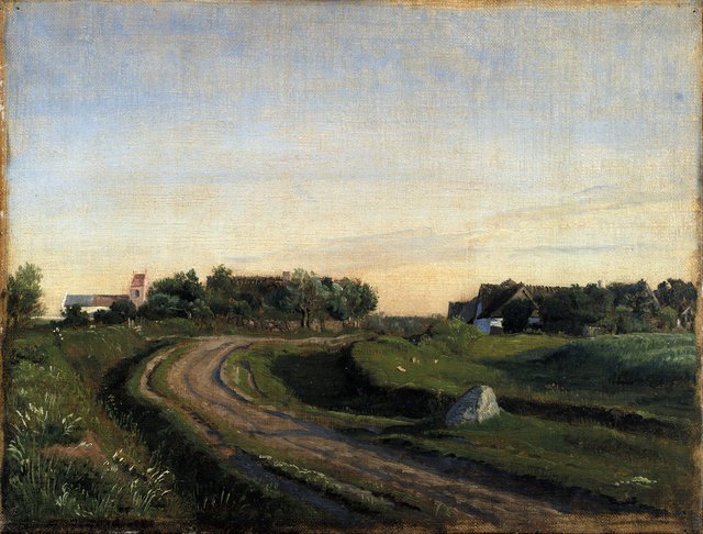Vejby med kirken set fra nord. Aftenbelysning by P. C. Skovgaard