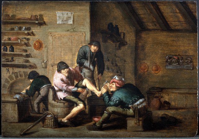 En barber opererer en fod. De fem sanser: Følesansen by Anthonie Victoryns