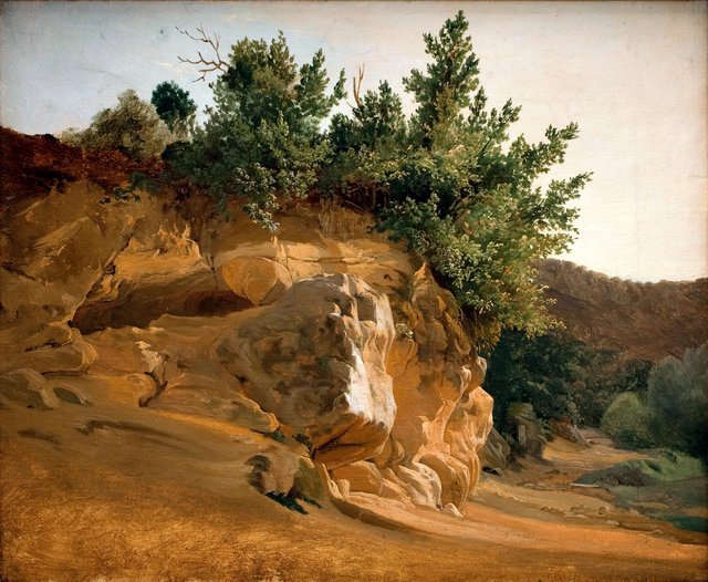 Italiensk bjerglandskab med tilgroede klipper. Formodentlig i nærheden af Olevano by Fritz Petzholdt