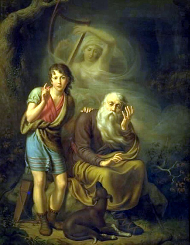 Ossian og Alpins søn hører Malvinas ånd gribe i harpens strenge. Motiv fra Ossians Svanesang by Christian Gottlieb Kratzenstein-Stub