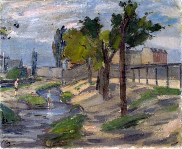 Drenge, der sopper i Ladegårdsåen (?). I baggrunden husgavle by Peter Rostrup Bøyesen