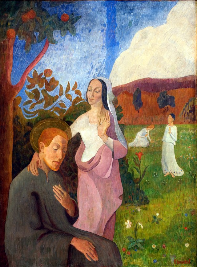 Dekorativt billede. Den hellige Frans' vision med de tre hvide jomfruer by Gad Frederik Clement