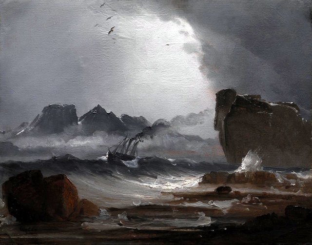 Oprørt hav med et dampskib nær den norske kyst by Peder Balke