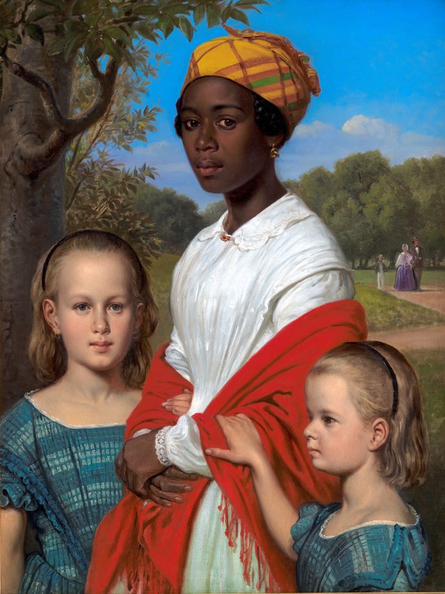 Portræt af Otto Marstrands to døtre og deres vestindiske barnepige, Justina Antoine, i Frederiksberg Have by Wilhelm Marstrand