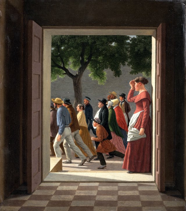 Udsigt gennem en dør til løbende figurer by Christoffer Wilhelm Eckersberg