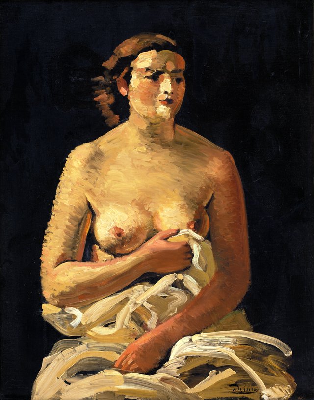 Siddende kvindelig model, halvnøgen. by André Derain
