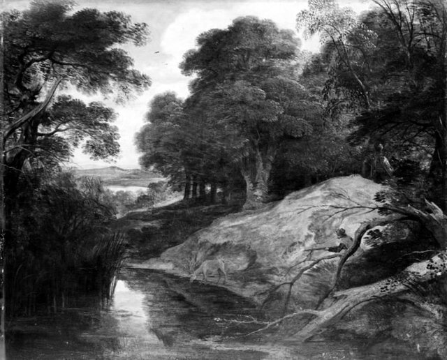 Landskab med jæger og hjorte by Lodewijk de Vadder