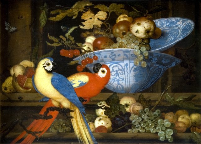 Stilleben med frugt og to papegøjer by Balthasar van der Ast