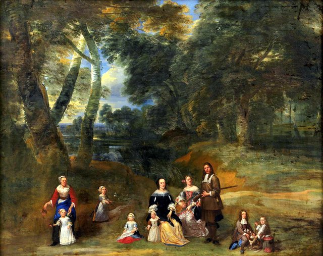 Portræt af en familie i et landskab by Gillis van Tilborgh