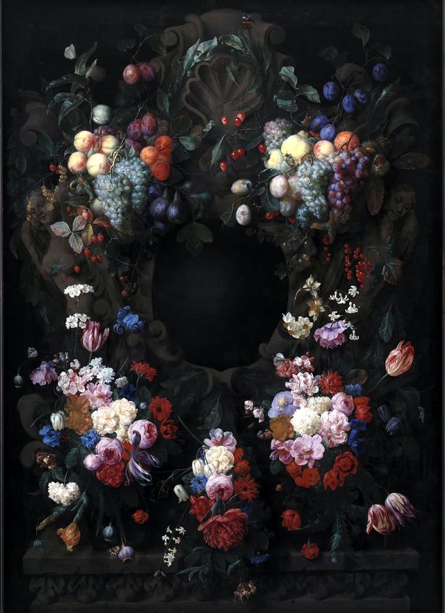 Stenkartouche med guirlande af frugt og blomster by Joris van Son