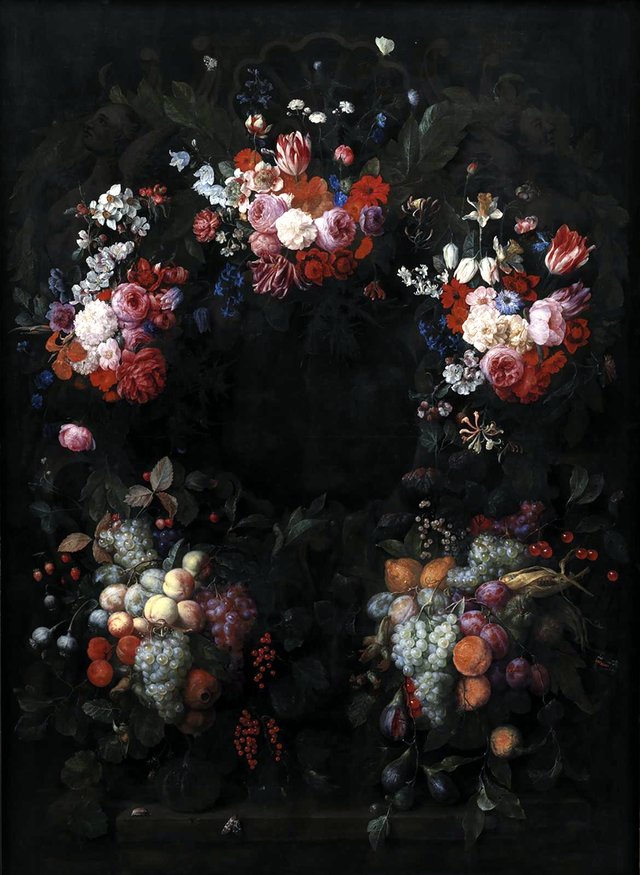 Stenkartouche med en guirlande af blomster og frugter by Joris van Son