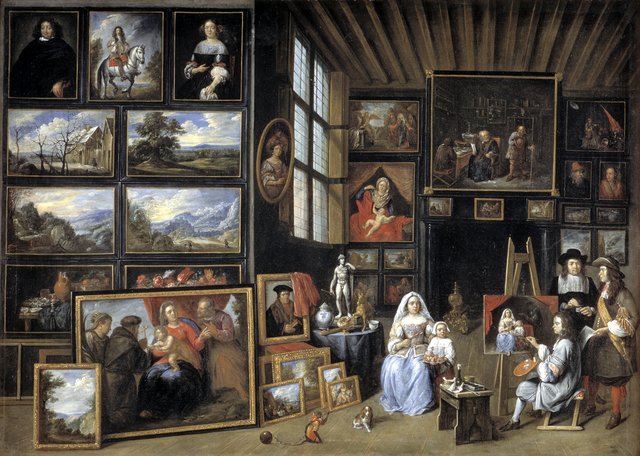Et billedgalleri med en kunstner, der maler en kvinde og en pige. Allegori over malerkunsten by Gillis van Tilborgh