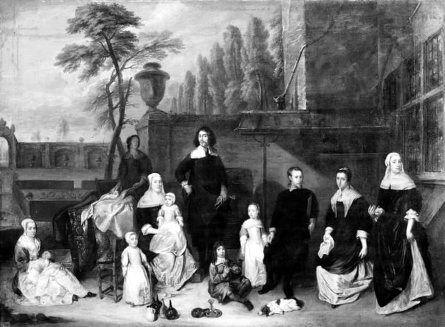 Portræt af en familie på en haveterrasse by Gillis van Tilborgh