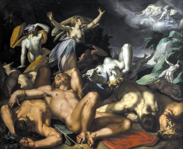 Apollon og Diana straffer Niobe ved at dræbe hendes børn by Abraham Bloemaert