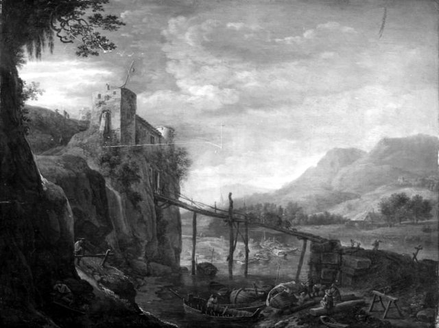 Borgruin på en klippe by Herman Saftleven