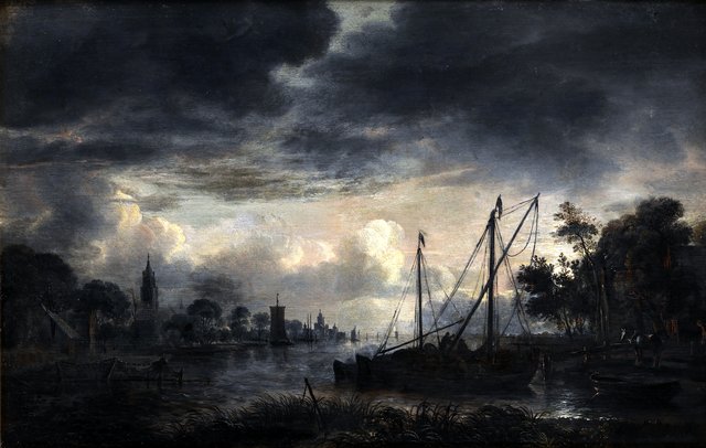 Flodlandskab i måneskin by Aert van der Neer