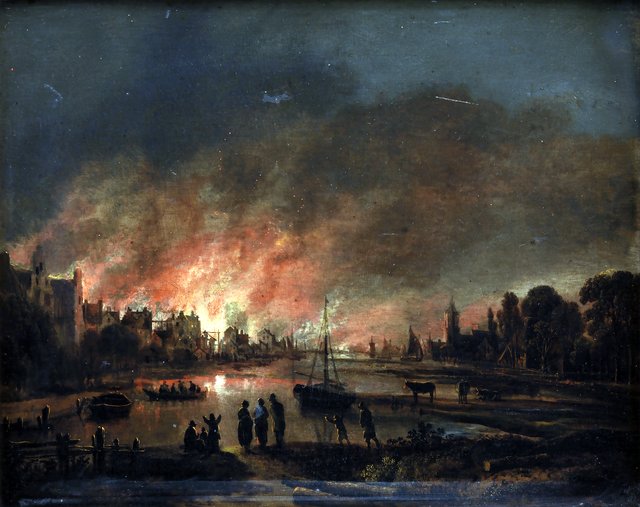 Natlig ildebrand i en landsby by Aert van der Neer