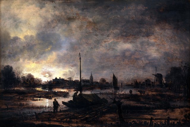 Månens opgang over en landsby by Aert van der Neer