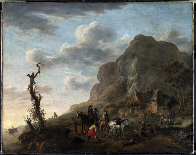 Et landskab med ryttere, der holder hvil by Philips Wouwerman