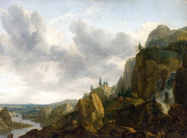 Nordisk klippelandskab med vandfald by Allaert van Everdingen