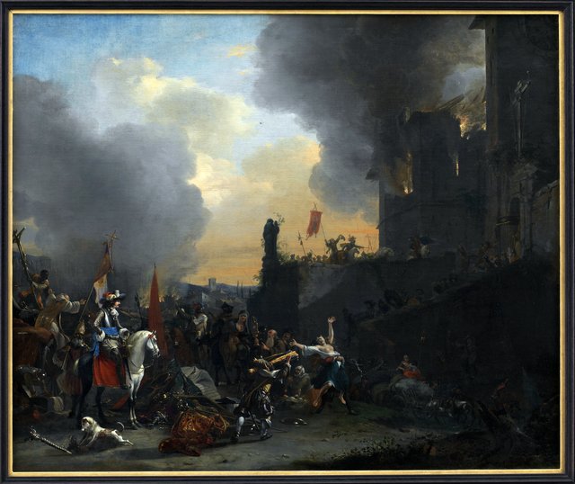 Soldater plyndrer og afbrænder et kloster by Willem Schellinks
