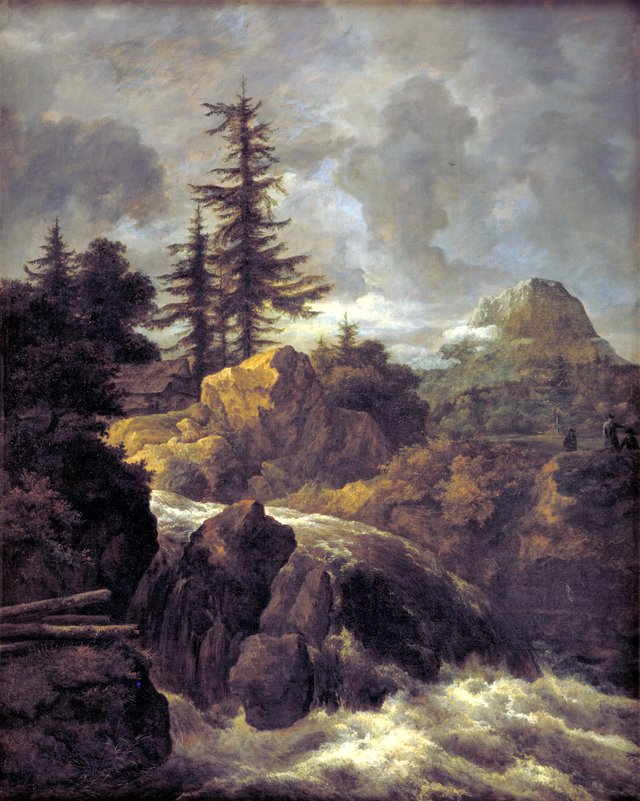 Landskab med vandfald og hytte by Jacob van Ruisdael