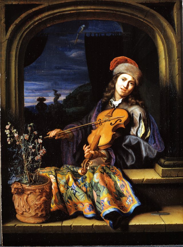 En violinspiller by Caspar Netscher