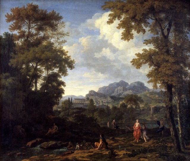 Klassisk landskab med Diana (?) og hendes nymfer by Johannes Glauber