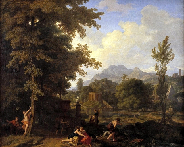 Klassisk landskab med Diana (?) og hendes nymfer by Johannes Glauber