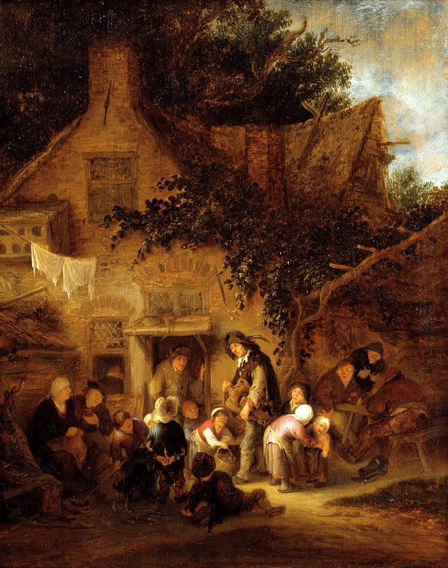Lirendrejeren uden for et bondehus by Adriaen van Ostade
