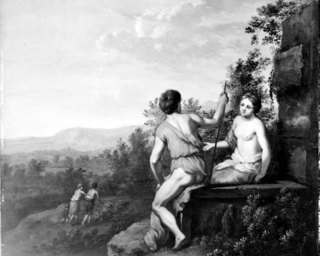 Landskab med et hyrdepar by Gerard Hoet II