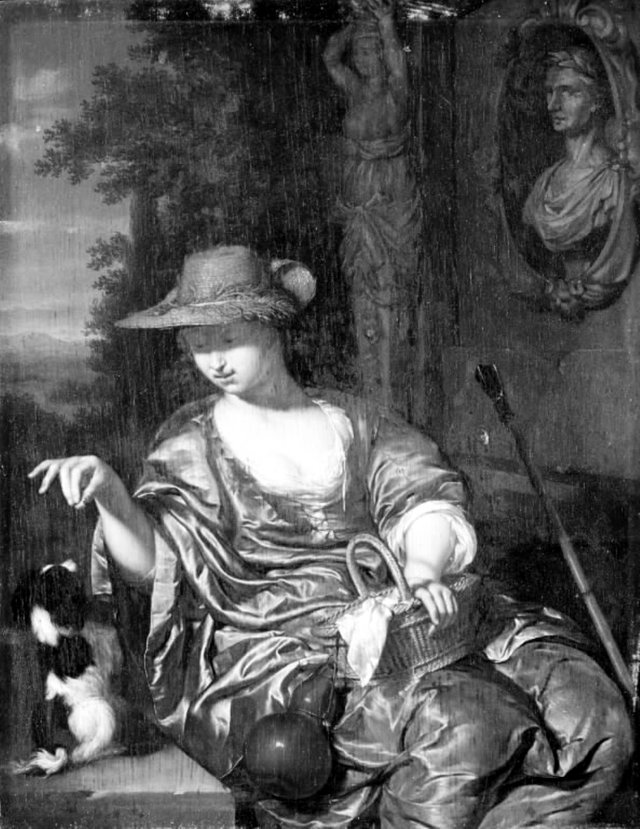 En hyrdinde med en hund by Willem van Mieris