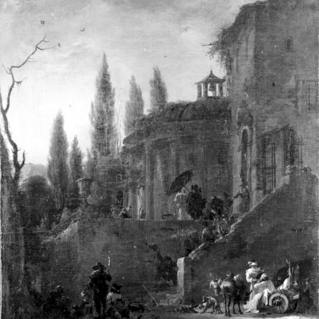 Arkitekturkomposition. Pilgrimme modtager almisse by Willem Schellinks