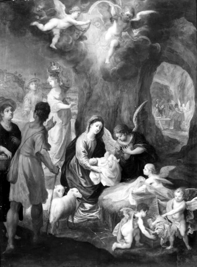 Den hellige familie omgivet af engle by Hans Rottenhammer