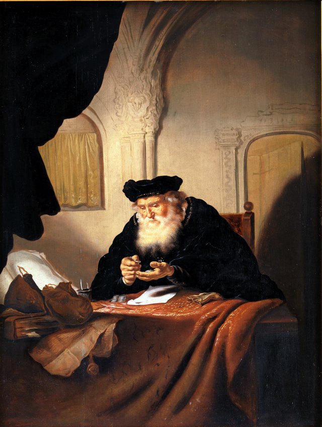 En olding tæller sine penge by Salomon Koninck