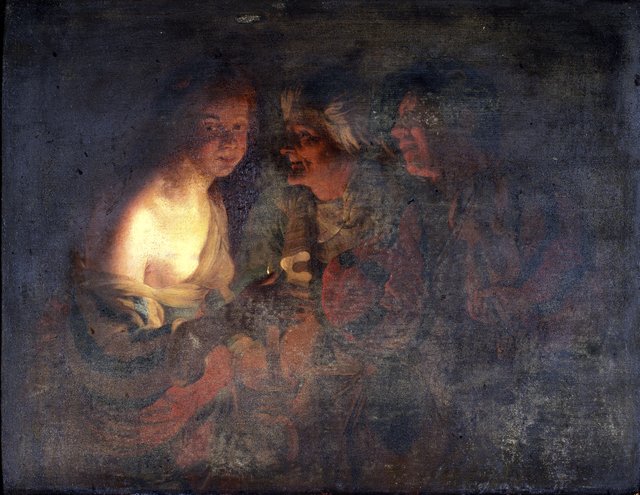 Ung pige med lysestage, gammel kone, samt violinspiller by Gerard van Honthorst