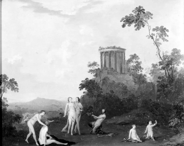 Nymfer og satyr foran tempel by Roelant Savery