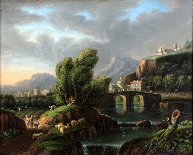 Et landskab med et vandfald og en stenbro by Dismar Degen
