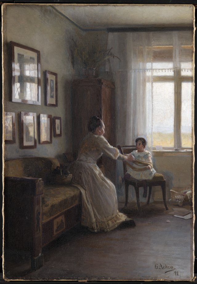 Interiør med kunstnerens hustru og barn by Georg Achen