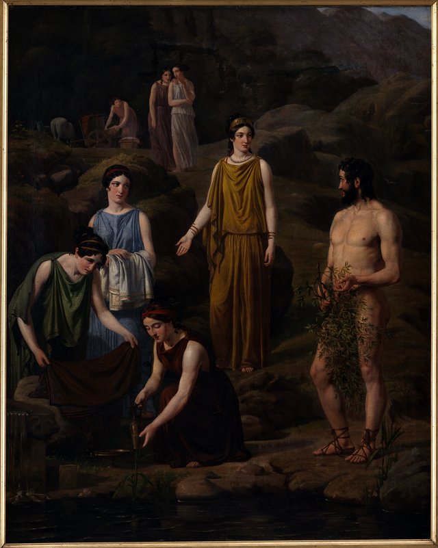 Nausikaa bringer den skibbrudne Odysseus klæder by Wilhelm Marstrand