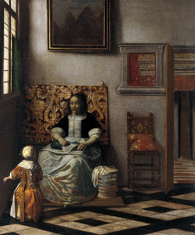 Interior with a Woman sewing and a Child by Pieter de Hooch